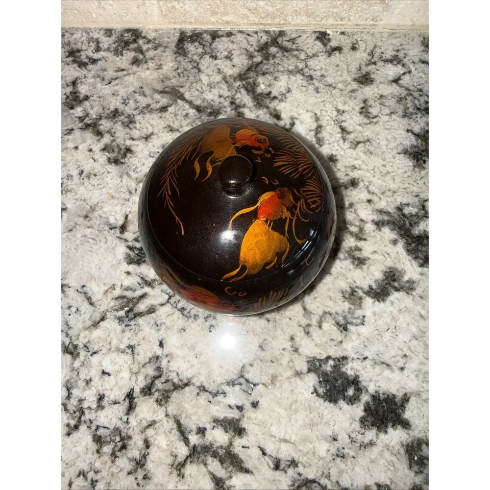 Vtg Asian lacquerware trinket box, hand-painted goldfish in gold,orange on black